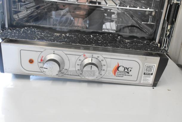 Cooking Performance Group COQ-T3-A countertop convection oven, stainless steel, 3 trays, broken glass visible. Model 351COQT3A.