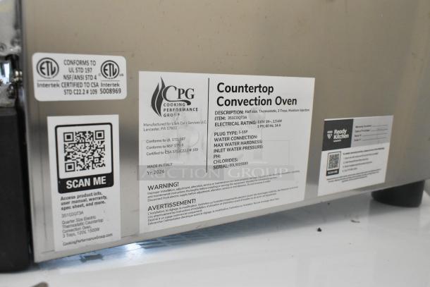 Cooking Performance Group COQ-T3-A stainless steel electric convection oven label, 3 trays, model 351COQT3A, 110 volts.