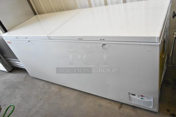 Brand new Galaxy 177CF25HC metal chest freezer, scratch and dent, with 2 hinge lids, 115 volts, 1 phase.