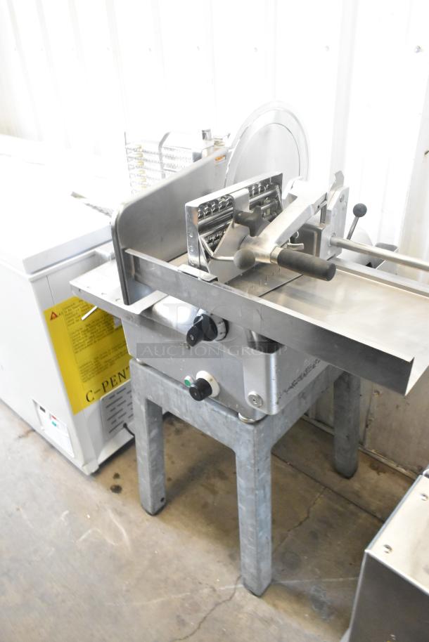 Bizerba 330 metal commercial meat slicer stacker, floor style, 115 volts, 1 phase; used, good condition.