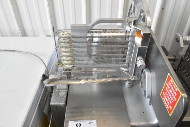 Bizerba 330 Metal Commercial Meat Slicer Stacker, floor style, 115 volts, 1 phase, features safety label and metal trays.