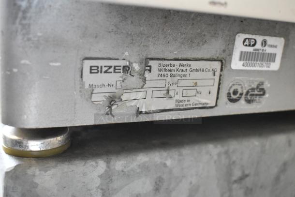 Bizerba 330 metal commercial floor meat slicer stacker. Visible label details model and origin: Western Germany.