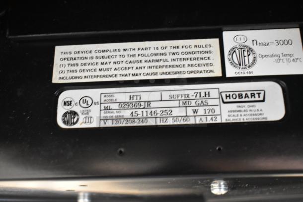 2016 Hobart HTi commercial scale label, indicating model HTi, 120/208-240V, 1 phase, serial 45-1146-252, made in USA.