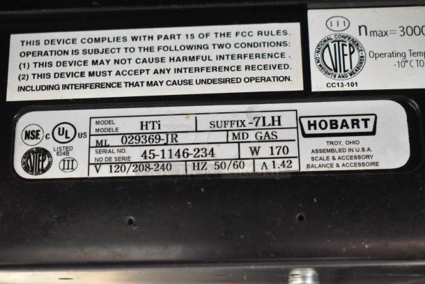 2016 Hobart HTi commercial food portioning scale label, model 029369-JR, 120/208-240V, 1 phase, UL listed.