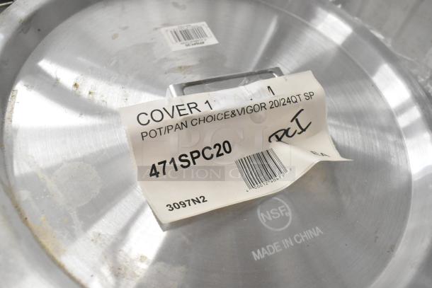9 scratch and dent items, including a Choice 471SPC20 aluminum pot lid, 12 5/8". NSF certified, made in China.