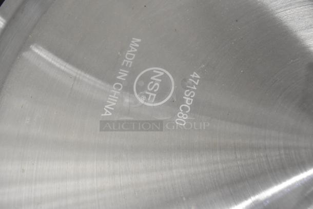Close-up of 471SPC80 aluminum pot cover, NSF label, made in China. Part of new scratch and dent auction lot.