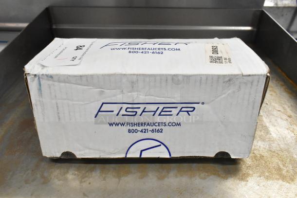 Box of Fisher 22365 Metal Drain, scratch and dent condition, with visible branding and contact info on packaging.