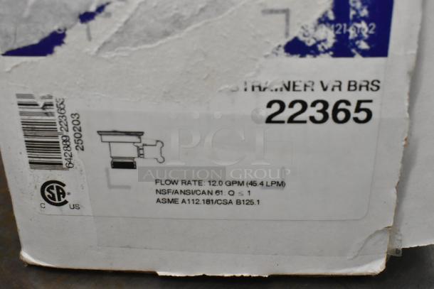 Fisher 22365 metal drain box label, showing flow rate 12 GPM, NSF/ANSI/CSA standards. Scratch and dent condition.