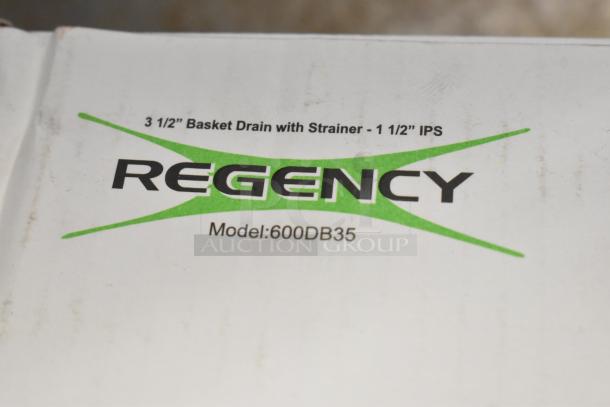 Regency 600DB35 metal drain package, labeled "3 1/2'' Basket Drain with Strainer - 1 1/2'' IPS." Brand new, scratch and dent condition.
