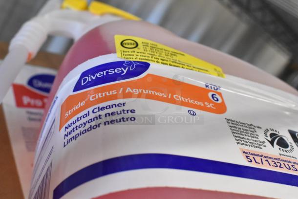 Diversey Stride Citrus Neutral Cleaner label, 5L bottle, featuring text in multiple languages, vibrant colors, and certification icons.