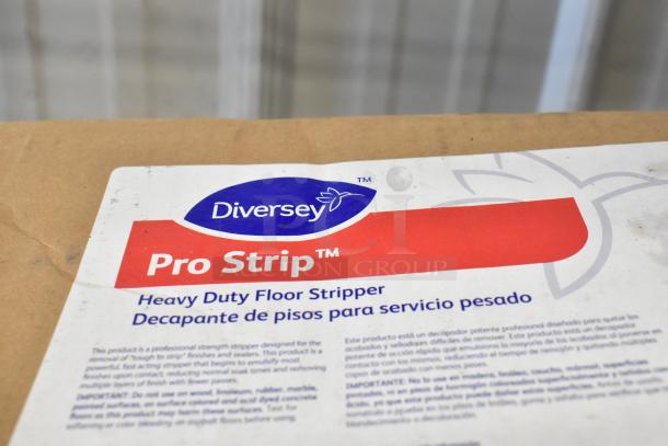 Diversey Pro Strip Heavy Duty Floor Stripper label on a brown box, highlighting product strength for tough finishes.