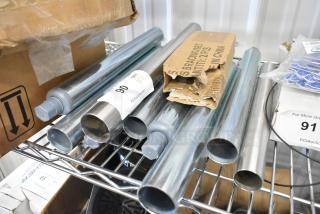 Lot of 10 metal legs, chrome finish, new condition with ends for attachment, includes packaging with labeling.
