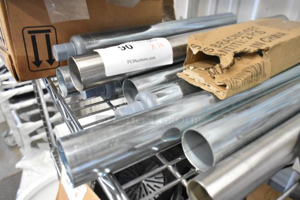 Lot of 10 metal legs in various lengths on a shelf. Includes cardboard packaging with "Made in China" marking. SKU sticker visible.