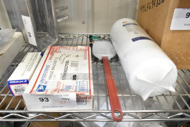 Set of four items: Avantco 970C032S filter drier, 178HINGCFDBL hinge, 3M cartridge, Choice spatula; new condition.