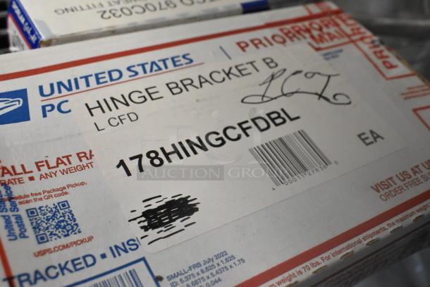 Box labeled "Hinge Bracket B," featuring 178HINGCFDBL code. USPS packaging, item condition unknown.