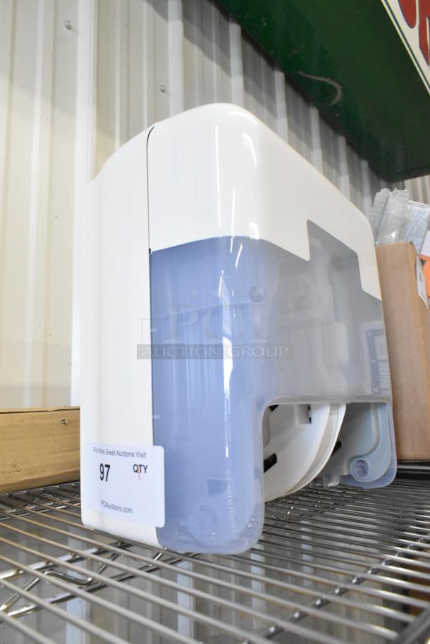 Tork gray and white poly wall mount paper towel dispenser on metal shelf, auction tag indicating lot number 97.