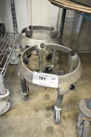 Two sturdy metal mixing bowl dollies on commercial casters, labeled “101,” suitable for kitchen mobility.