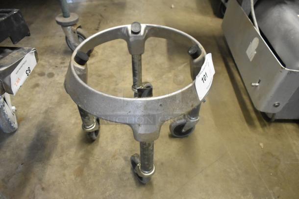 Stainless steel mixing bowl dolly on commercial casters. Features 4 wheels and a metal frame. Label indicates item number 101.