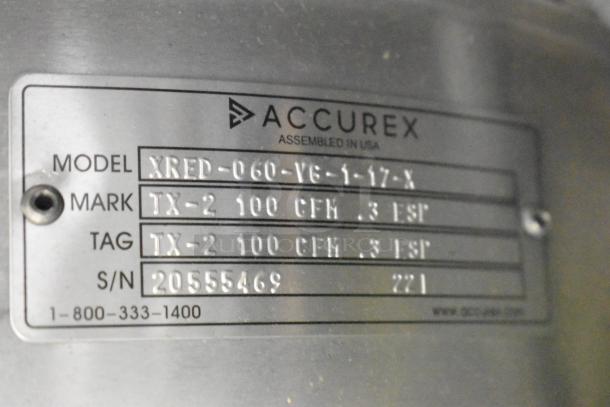 Accurex XREP-060-V6-1-17-X metal rooftop exhaust fan label showing model, mark, tag, and serial number.