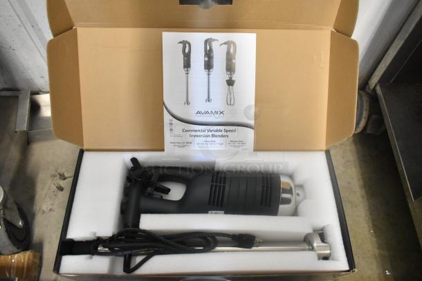 Brand new AvaMix 21" immersion blender, 120 volts, 1 phase, with visible user manual and packaging. Scratch and dent condition.