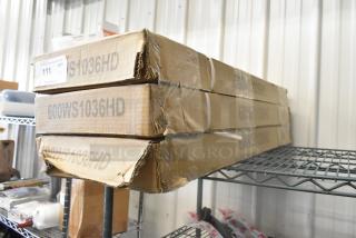 Three new Regency 600WS1036HD 10"x36" stainless steel wall shelves in boxes marked with model number; slight box wear.