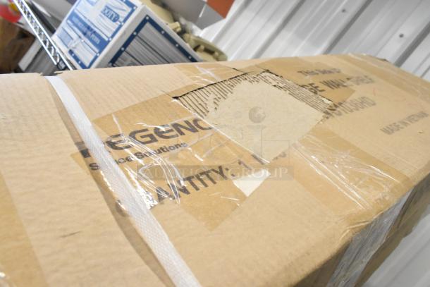 3 new Regency 600WS1036HD 10"x36" 16-gauge stainless steel wall shelves, scratch and dent condition, in packaging.