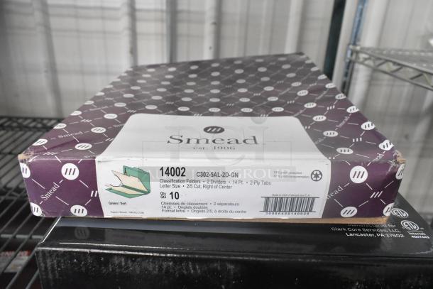 Smead 14002 classification folders box with 10 letter-size, 2-divider folders, 14 pt, 2/5 cut tabs.