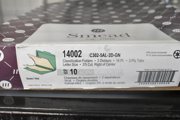 5 boxes of Smead classification folders, model 14002, green, with 2 dividers, 14 pt., letter size, 10 per box.