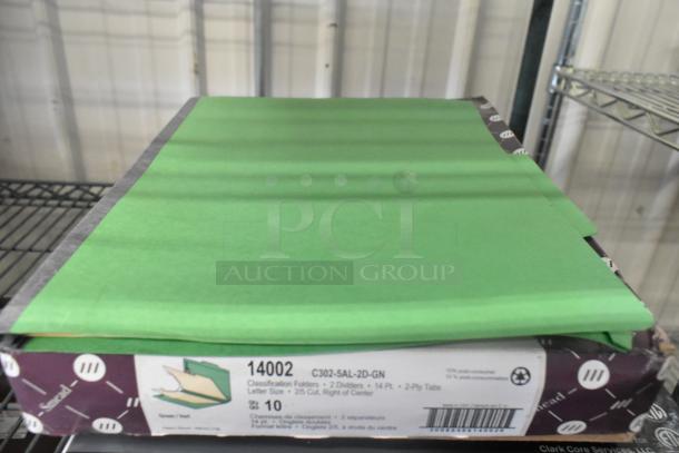 Box of green classification folders, Smead model 14002, 2 dividers, 10 folders per box, letter size, good condition.