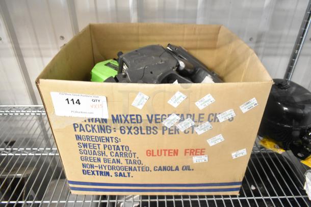 Box of 15 price guns, including Monarch 1177, in mixed condition. Box labeled "114 QTY x15."