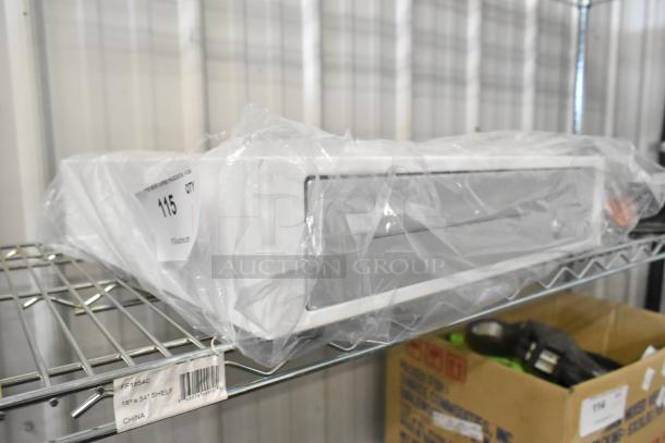 Brand new Clover D100 white metal cash drawer in packaging, marked "scratch and dent", on a metal shelf.