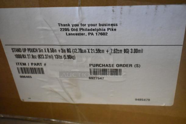 Box of brand new stand-up pouches, size 5x8.5x3 in, 3 mil thickness, 1000 count, 27.8 oz capacity, part #006465.