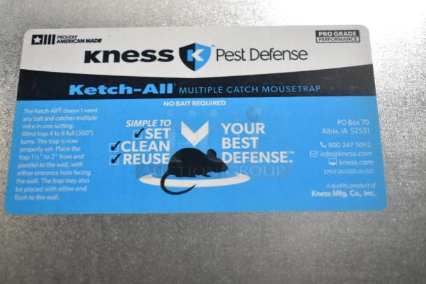Kness Pest Defense Ketch-All Mousetrap label, pro-grade, no bait needed, instructions for setting, contact info shown.