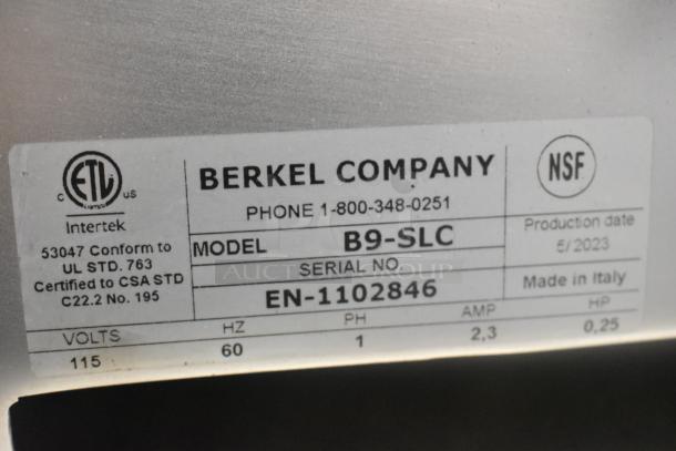2023 Berkel B9-SLC stainless steel commercial meat slicer label. Includes model, serial, volts, phase, and certifications.