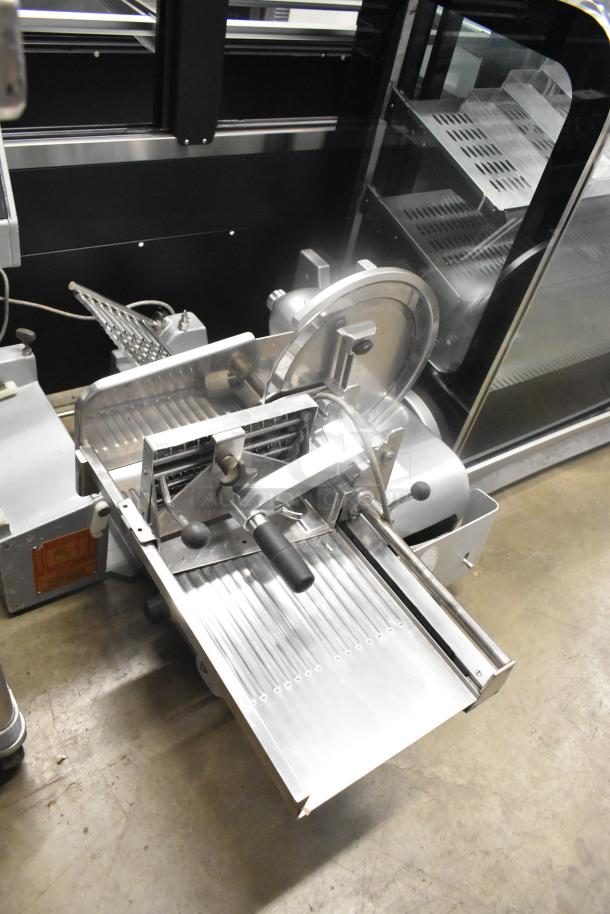 Bizerba A330 stainless steel commercial meat slicer stacker, 120V, 1-phase; features clean, polished appearance.