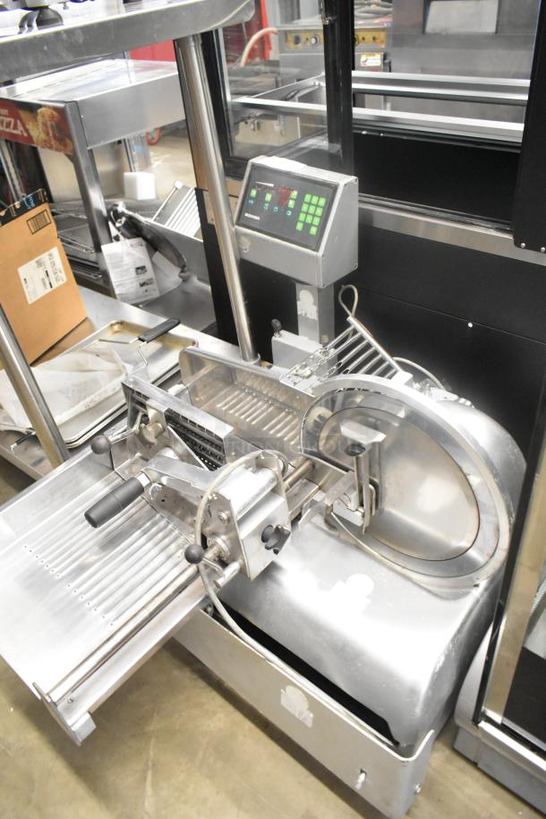 Bizerba A330 stainless steel countertop meat slicer, stacker with digital control panel, 120V, 1 phase, commercial use.