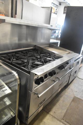 Vulcan 60SS-6B24GTN stainless steel 6 burner range with flat top griddle, 2 ovens, over shelf, back splash, on casters.