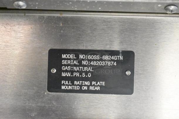 Vulcan 60SS-6B24GTN commercial gas range rating plate showing model, serial number, and gas type details.