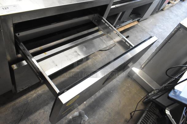 Everest ETSSR2-D2 stainless steel commercial cooler with two drawers, open view, 115 volts, 1 phase, appears in good condition.