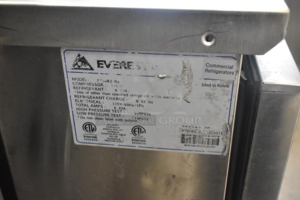 Everest ETSSR2-D2 stainless steel commercial 2 drawer cooler; model label shows 115 volts, 1 phase, R134 refrigerant.