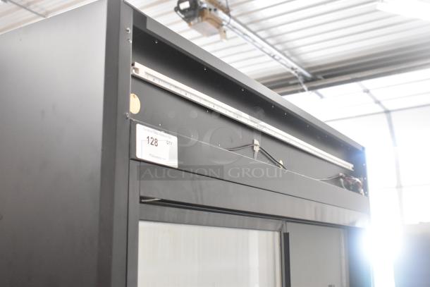 2024 Avantco 178GDS47HCB 2 Door Cooler Merchandiser, missing door, 115V, 1 Phase. Black metal frame, label "128 QTY".