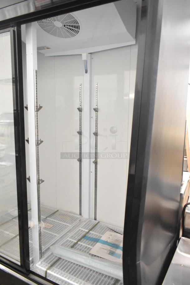 2024 Avantco 178GDS47HCB 2-door reach-in cooler, missing one door, 115 volts, 1 phase, commercial metal merchandiser.