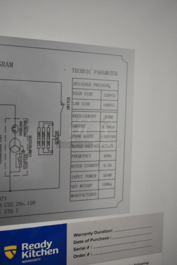 Avantco 178GDS47HCB cooler label detailing technical specs and warranty info, missing door noted, 115V, 1 Phase.