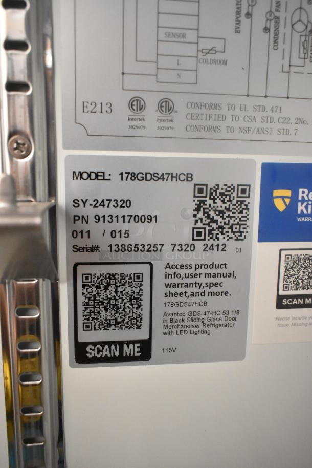 Avantco 178GDS47HCB cooler label showing model, serial number, and QR codes. Missing door noted. 115 volts, 1 phase.