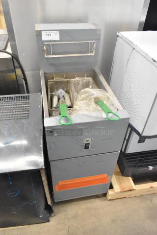 Brand new Frymaster SR114ESD stainless steel electric deep fryer, includes 2 metal fry baskets, 240V, 3 phase.