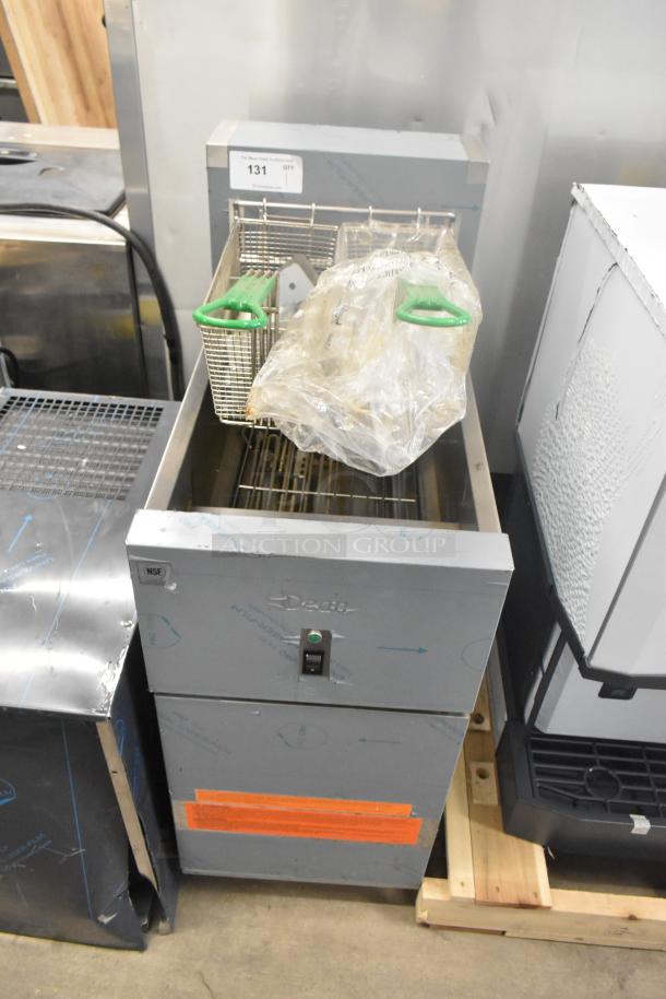 BRAND NEW Frymaster SR114ESD stainless steel electric fryer with 2 metal fry baskets. Scratch and dent condition. 240V, 3-phase.