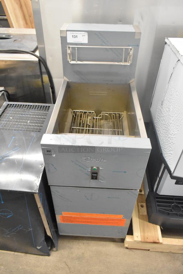 Brand new Frymaster SR114ESD stainless steel electric deep fryer with 2 metal baskets, scratch and dent. 240V, 3 Phase.