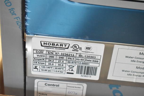 Hobart Centerline CUH-1 dishwasher label, stainless steel, high-temp, 208-240V, 1-phase, NSF, UL listed, new condition.