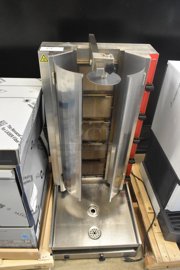 Brand new Avantco 177VB205 stainless steel vertical broiler, 130 lb capacity, 47,500 BTU, natural gas, with minor scratches.