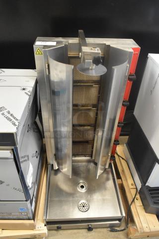 Brand new Avantco 177VB205 stainless steel vertical broiler, 130 lb capacity, 47,500 BTU, natural gas, with minor scratches.